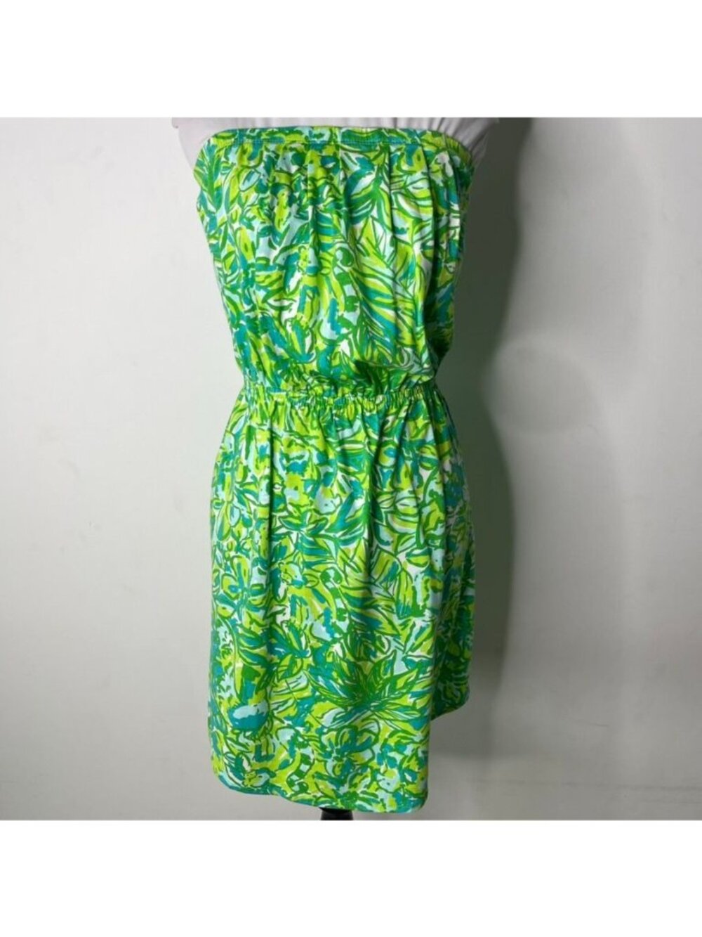Lilly Pulitzer Windsor Strapless Dress Small Green Palm Print Pima Cotton Pocket - Picture 1 of 8